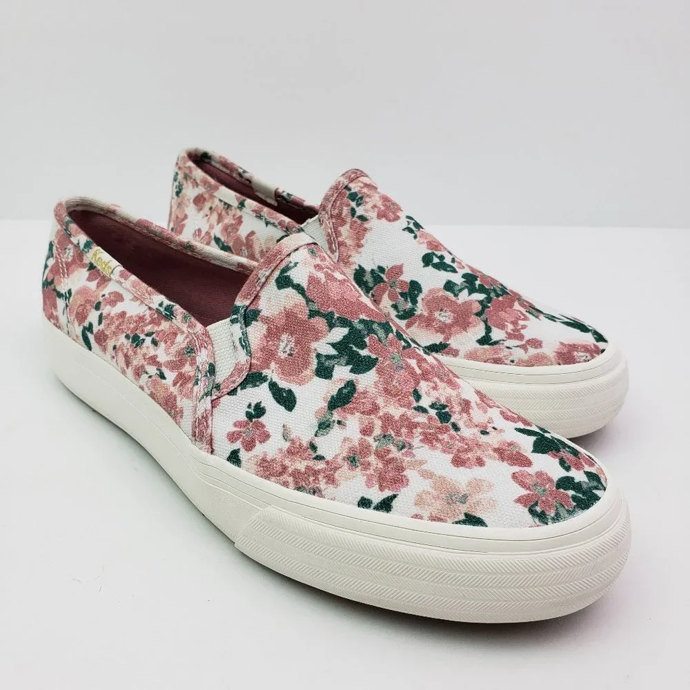 Keds Double Decker Floral Womens Size 7.5 White Pink Canvas Slip On Sneaker Shoe
